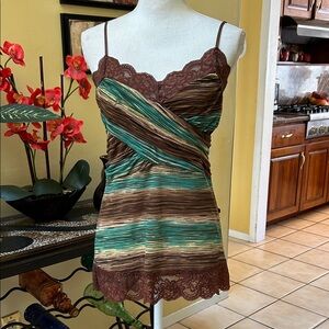 Vtg Sleeveless 90’s Y2K Brown Teal Striped Lace Coquette Baby Doll Camisole Top